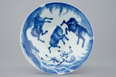 A Chinese blue and white conical bowl: "Horses of Mu Wang", Kangxi